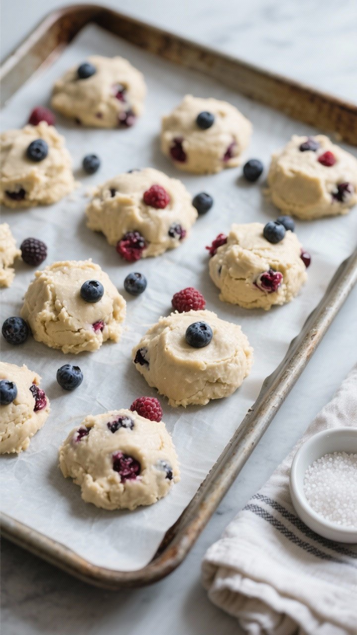 Cooking process: Overhead shot of scooped, chilled cookie dough mounds dotted with mixed berries on 