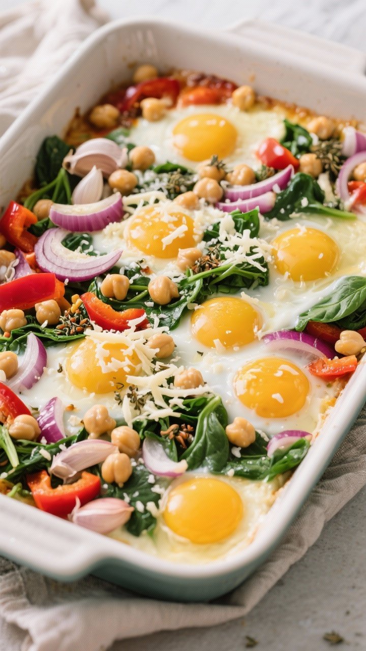 Cooking process: Overhead shot of the assembled bake right before going into the oven—sautéed red