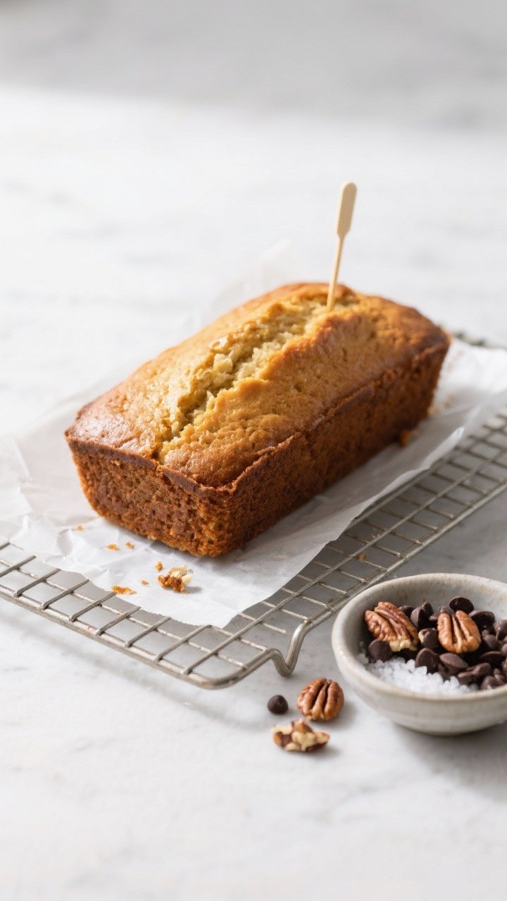 Cooking process: Overhead shot of the baked loaf cooling on a wire rack with a parchment sling under