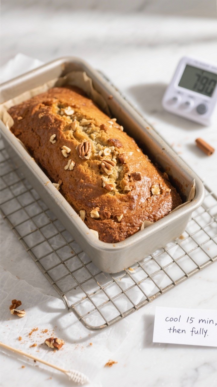 Cooking process: Overhead shot of the baked loaf cooling on a wire rack lined with parchment, freshl
