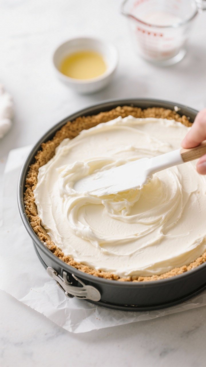 Cooking process: Overhead shot of the chilled graham cracker crust in a 9-inch springform pan being