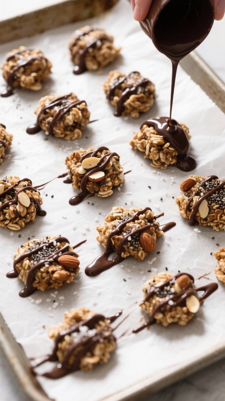 Cooking process: Overhead shot of the drizzled finish step—formed oat clusters arranged on a parch