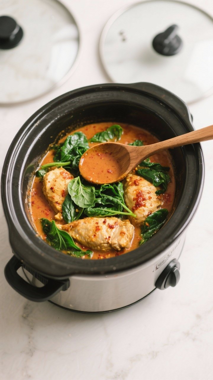 Cooking process: Overhead shot of the slow cooker near the end of cooking, lid off to show the curry