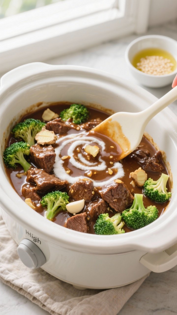 Cooking process: Overhead shot of the slow cooker right after adding the cornstarch slurry and brocc