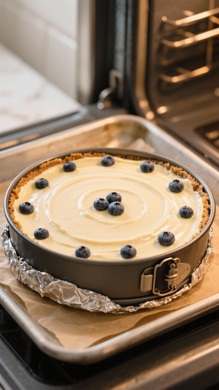 Cooking process: Overhead shot of the springform pan on a roasting pan water bath setup, filled with