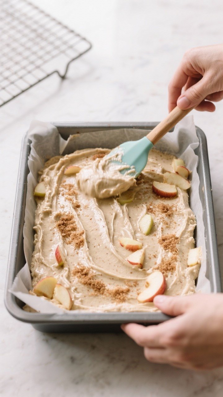 Cooking process: Overhead shot of the thick, almond-flour batter being spread evenly into a parchmen