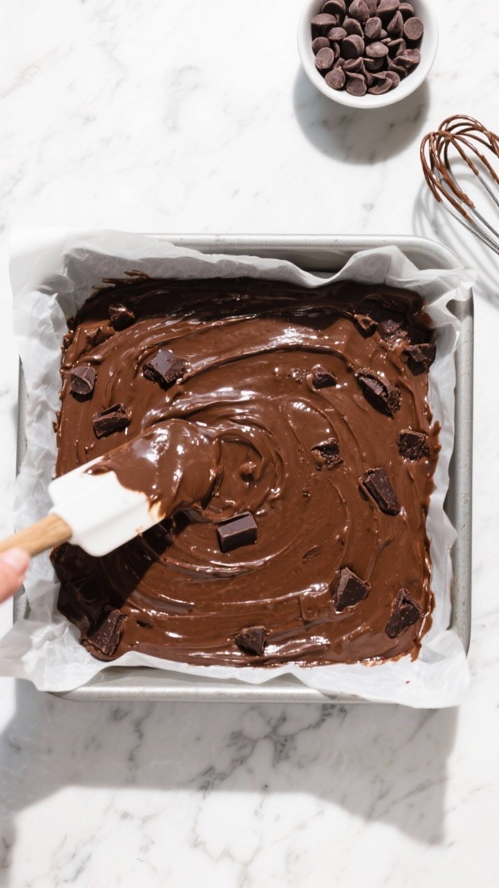 Cooking process: Overhead shot of the thick brownie batter being smoothed evenly into a parchment-li