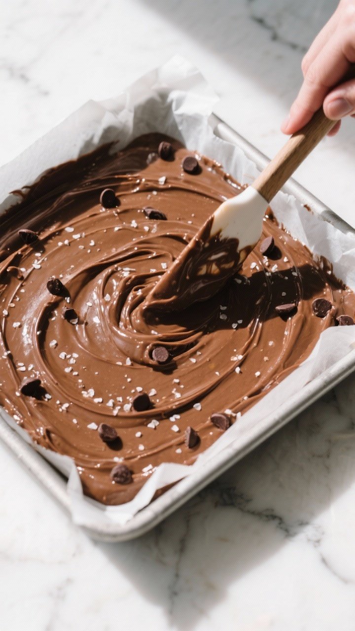 Cooking process: Overhead shot of the thick, glossy brownie batter being smoothed into a parchment-l