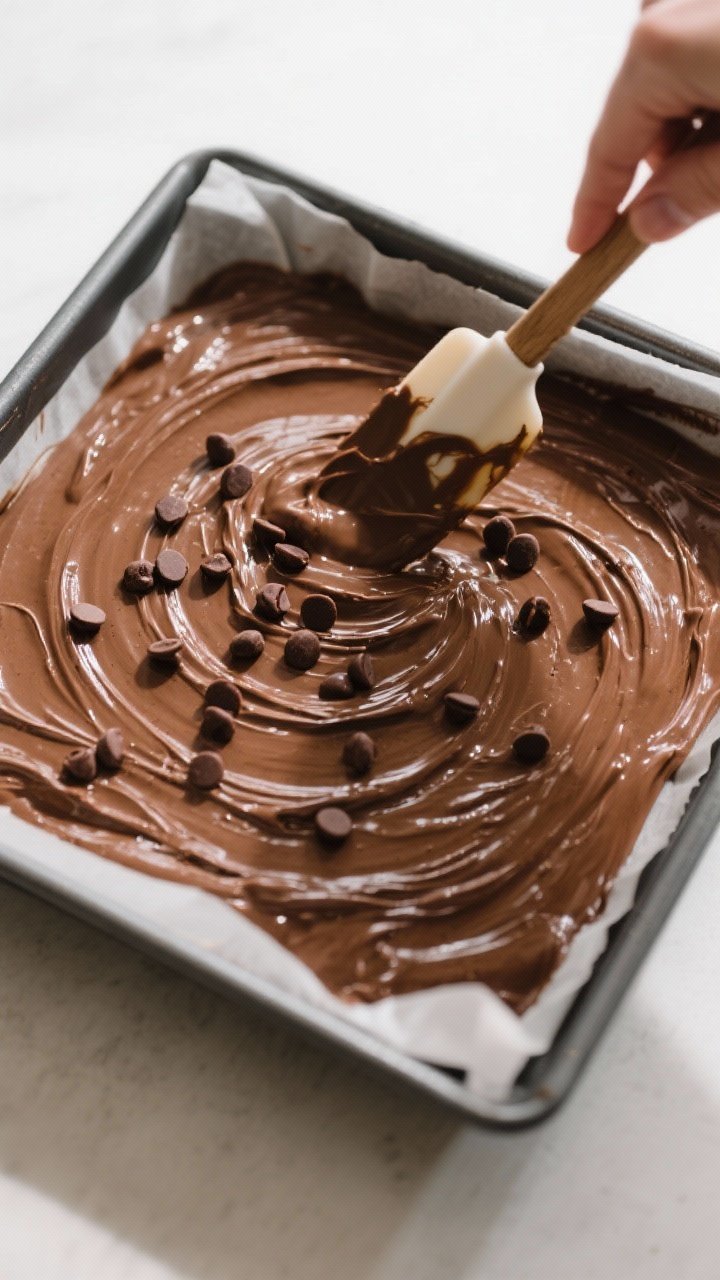 Cooking process: Overhead shot of the thick, glossy brownie batter being spread evenly into the parc