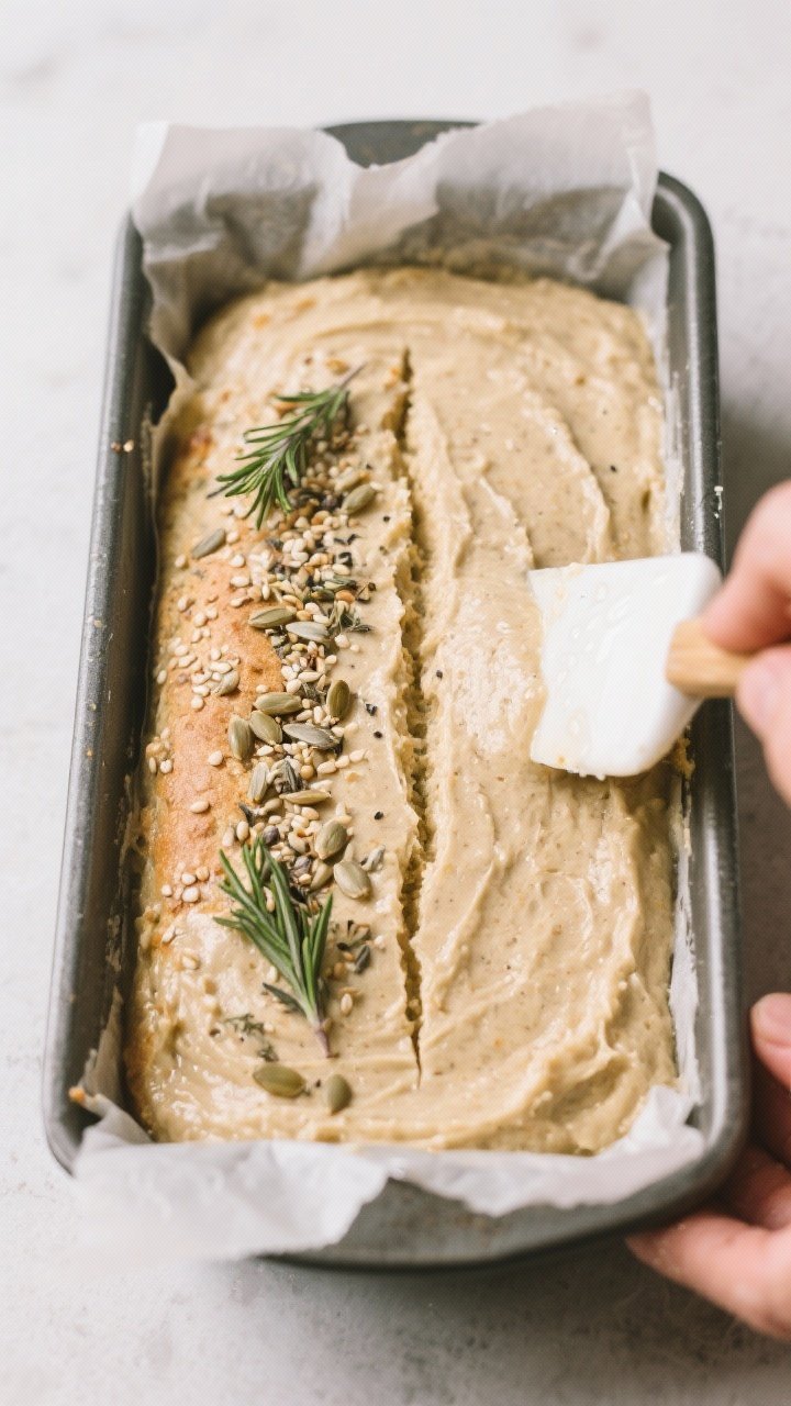 Cooking process: Overhead shot of the thick, hydrated batter being smoothed into a parchment-lined 9