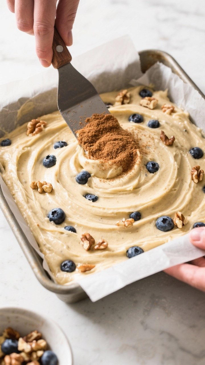 Cooking process: Overhead shot of the thick, spreadable batter being smoothed evenly in a parchment-