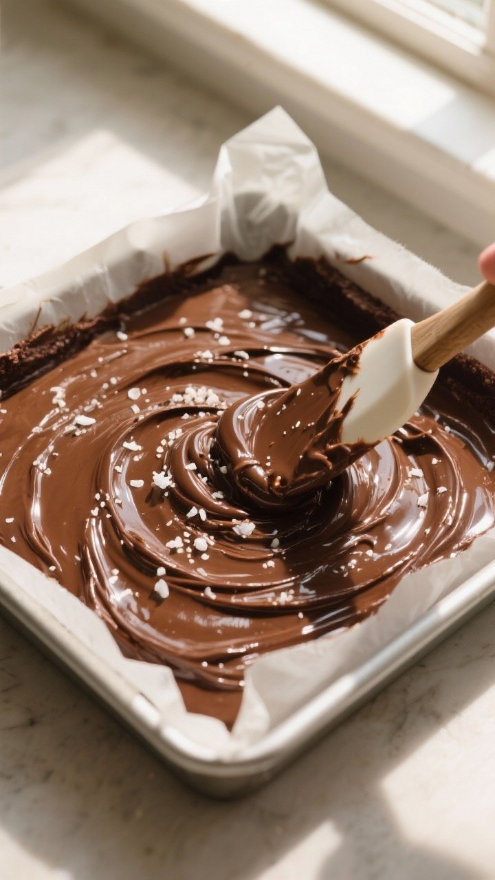Cooking process: Overhead shot of thick, glossy brownie batter being smoothed in a parchment-lined 8