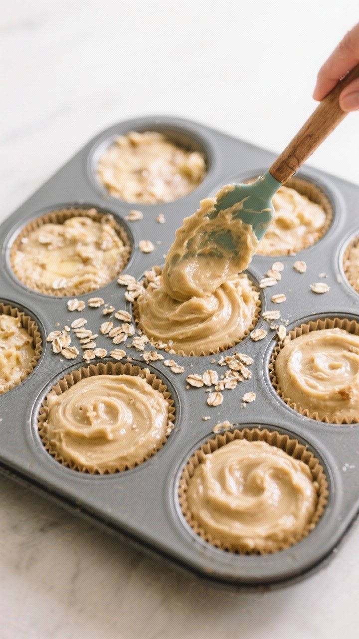 Cooking process: Overhead shot of thick muffin batter being portioned into a lined 12-cup tin, showi