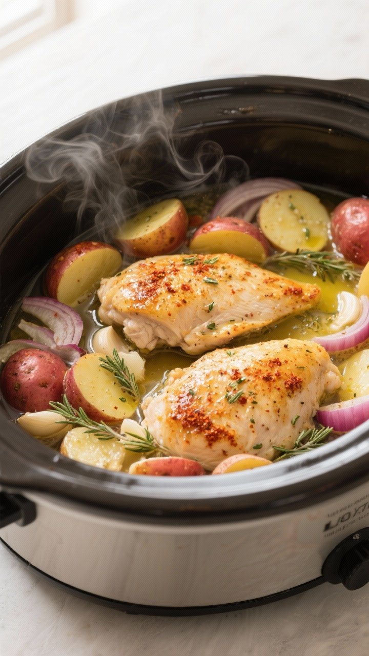 Cooking process, overhead: Slow-cooker chicken and potatoes mid-cook, overhead shot with steam visib