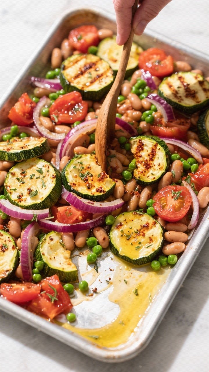 Cooking process: Par-roasted vegetables being stirred together with beans and well-drained diced tom