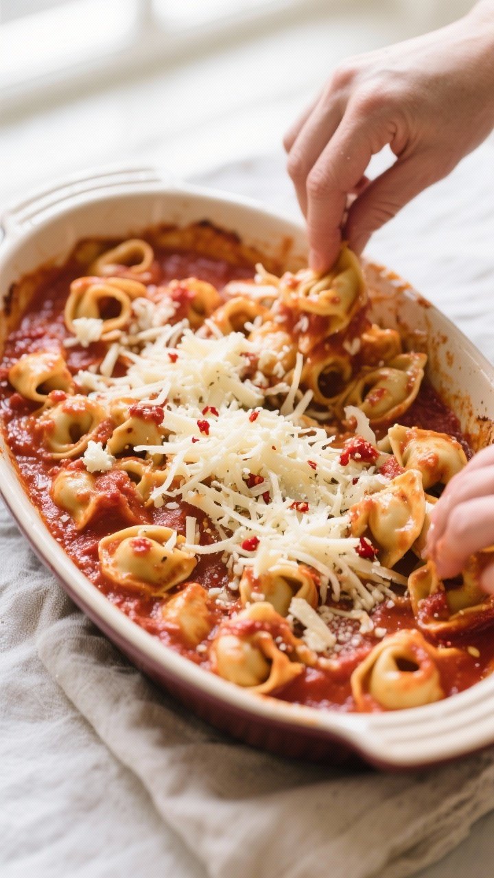 Cooking process: Sauced tortellini being tossed with shredded mozzarella and Parmesan in a large ova