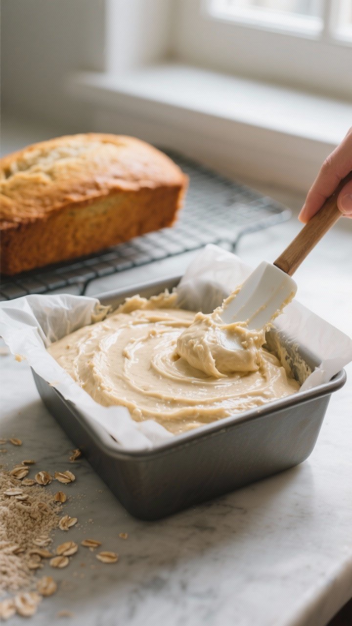 Cooking process scene, 3/4 angle: the thick, scoopable batter being smoothed in a parchment-lined 9x