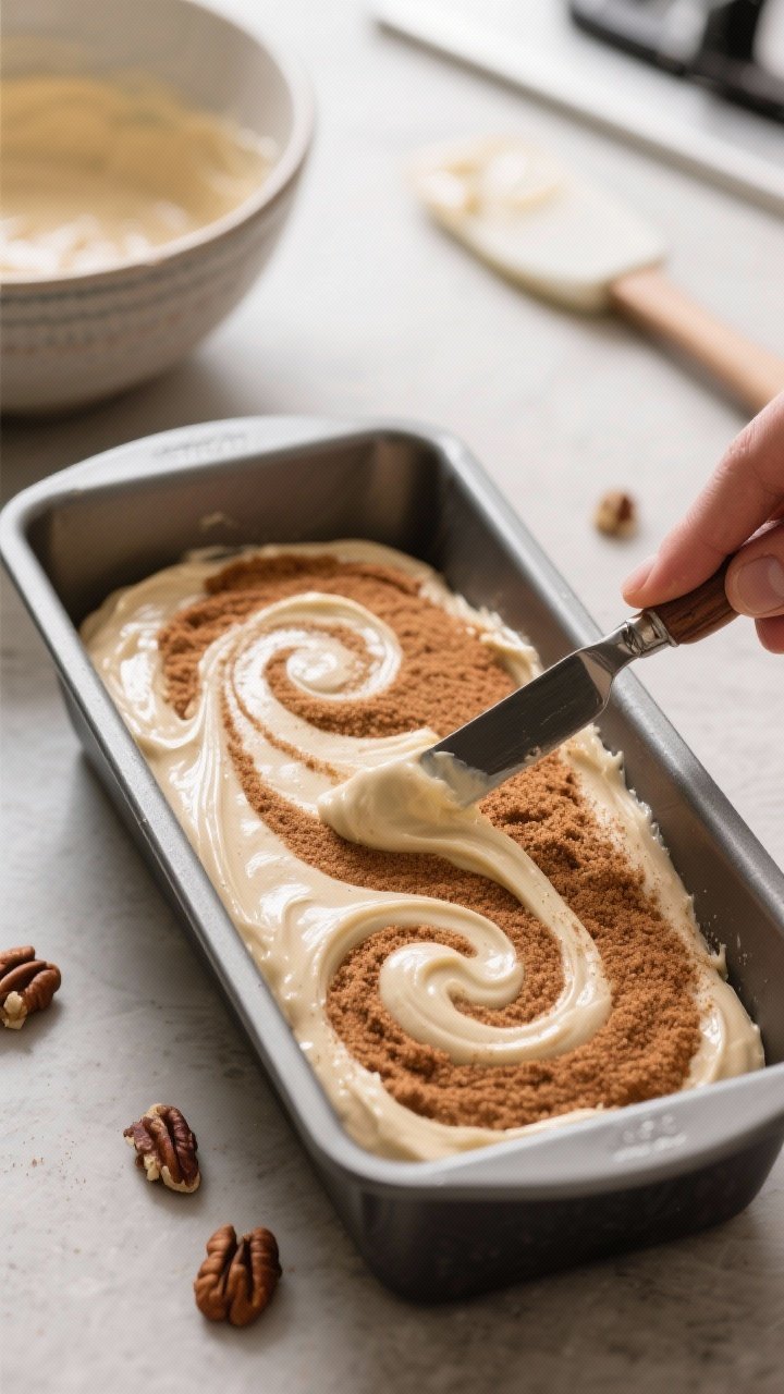 Cooking process shot: Batter being gently swirled in a 9x5-inch loaf pan to create the optional cinn