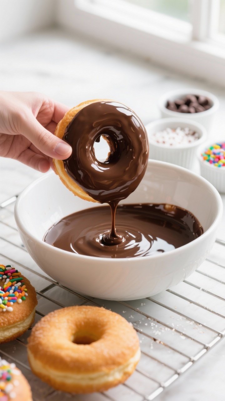 Cooking process shot: cooled donuts being dipped face-down into a glossy chocolate glaze in a wide, 