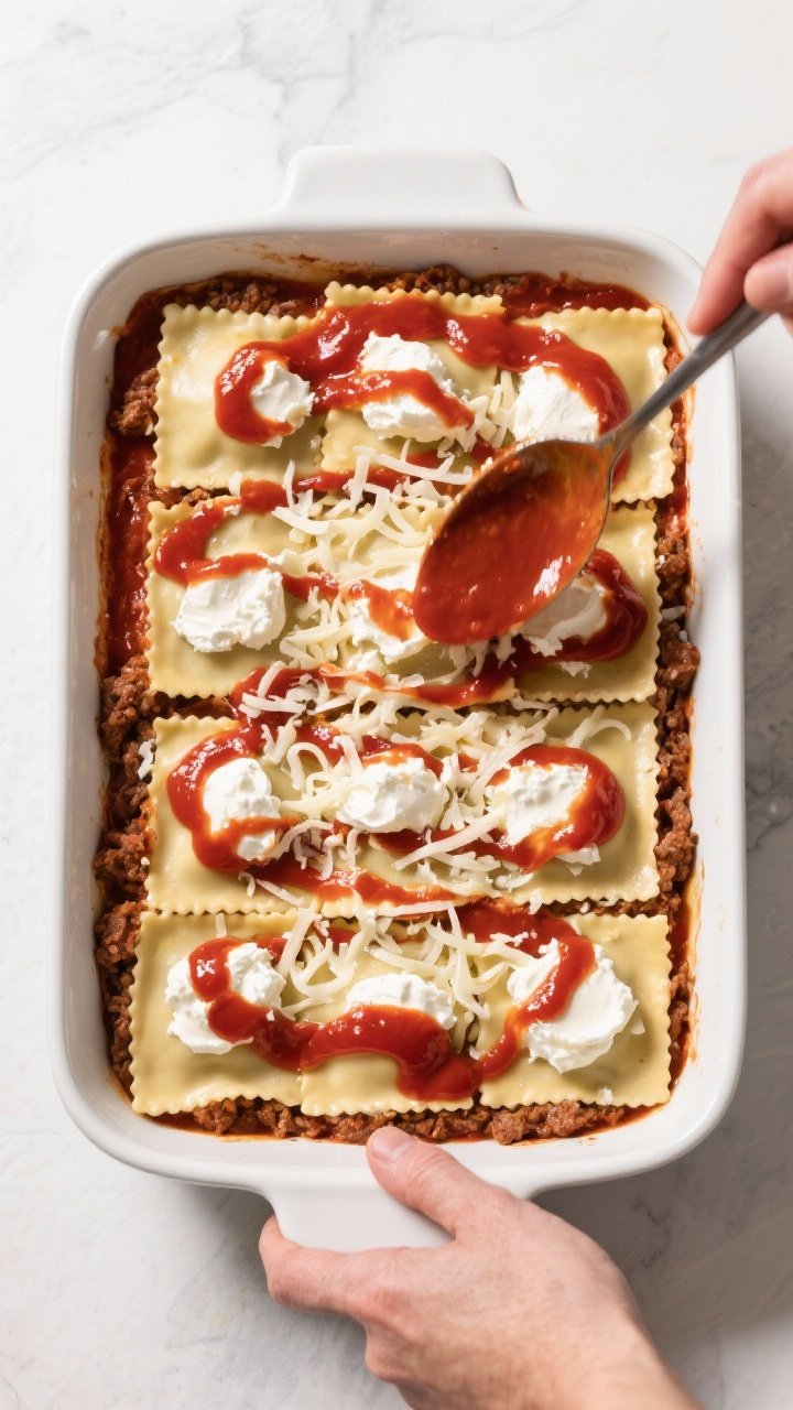 Cooking process shot: Layering the casserole in a 9x13 dish—first layer of meat marinara sauce spr