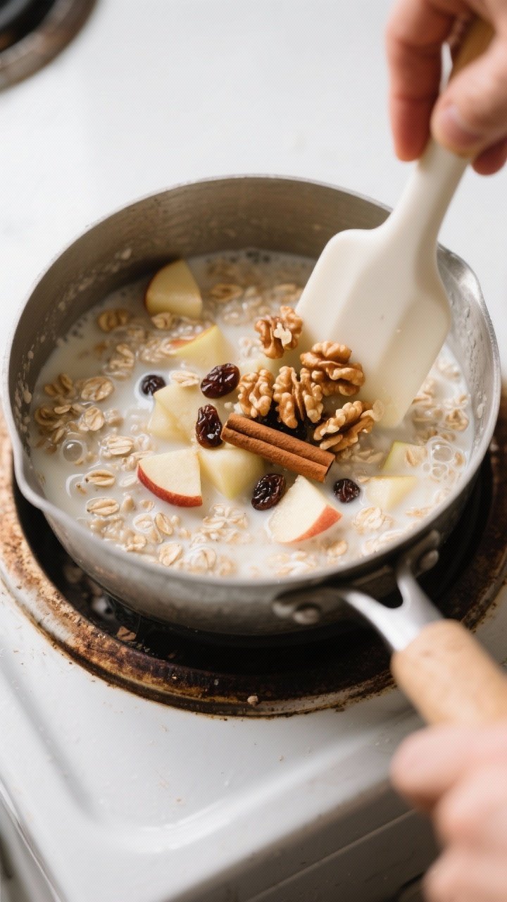 Cooking process shot: Oatmeal simmering in a small saucepan on medium-low, with diced apples and spi