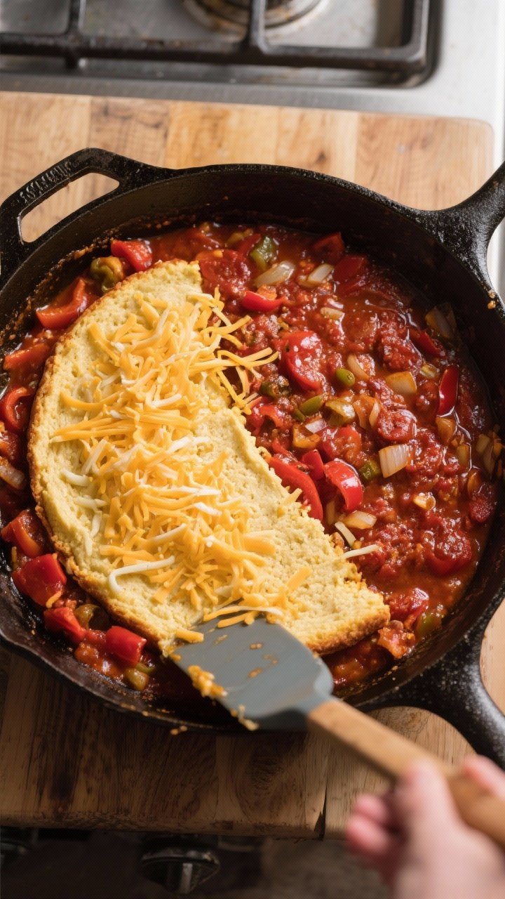Cooking process shot: Overhead view of a 12-inch cast-iron skillet just before baking—rich, simmer