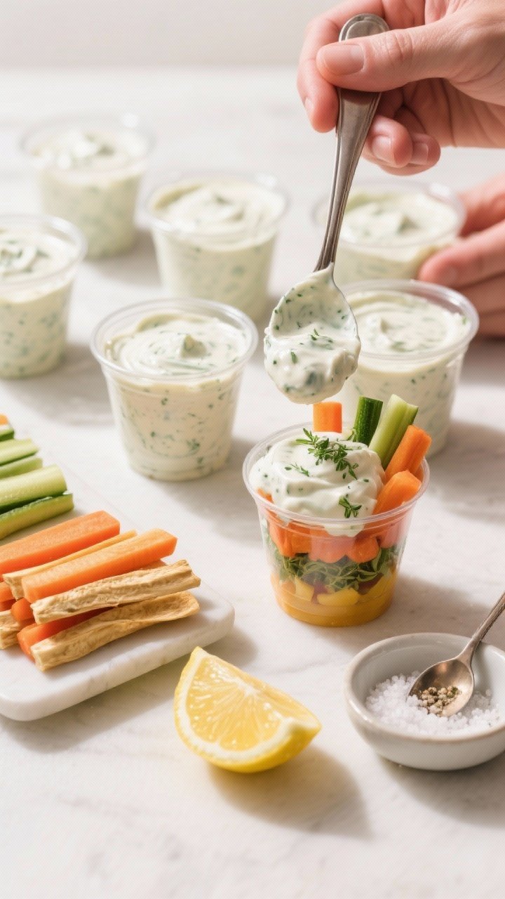 Cooking/process shot: Overhead view of assembly in progress—spooning 2–3 tablespoons of the fini