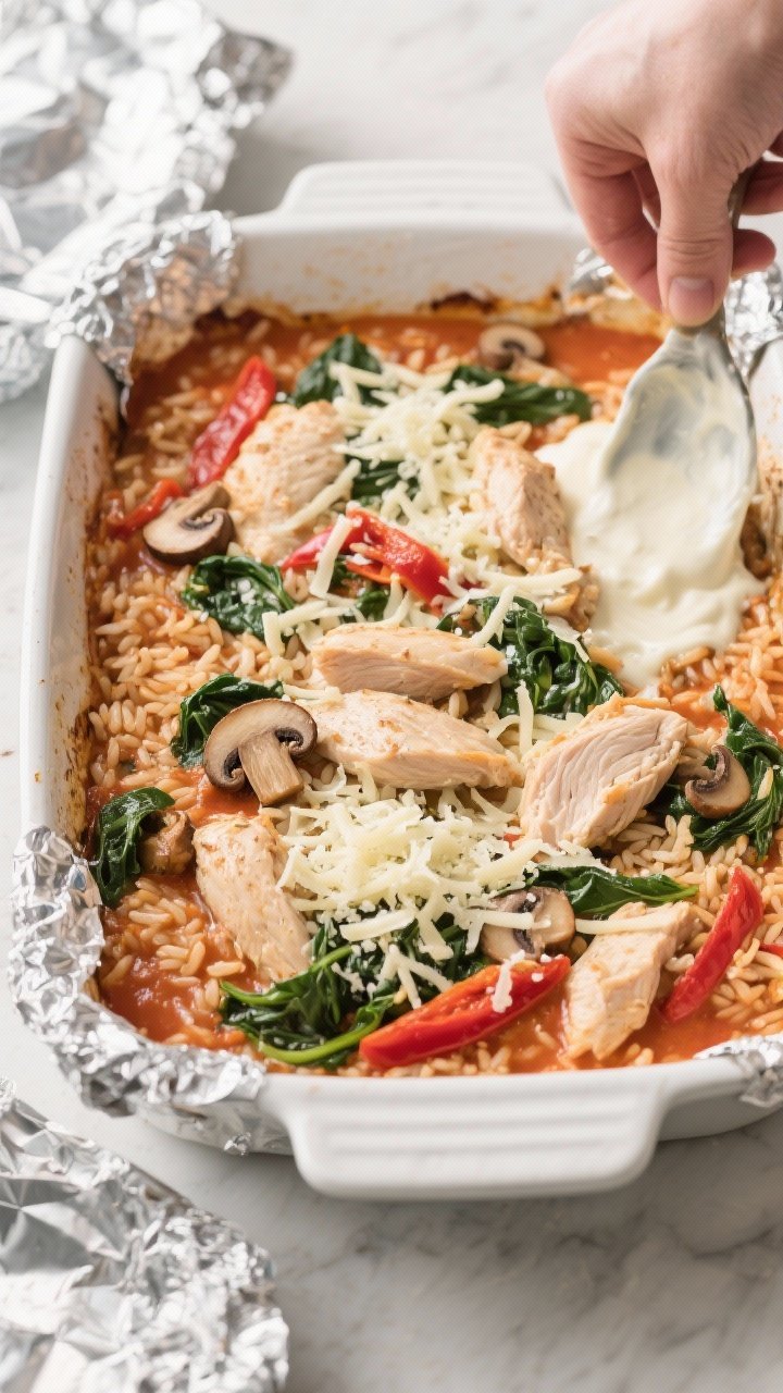 Cooking process shot: Overhead view of the casserole mid-bake after foil removal—creamy tomato-bro