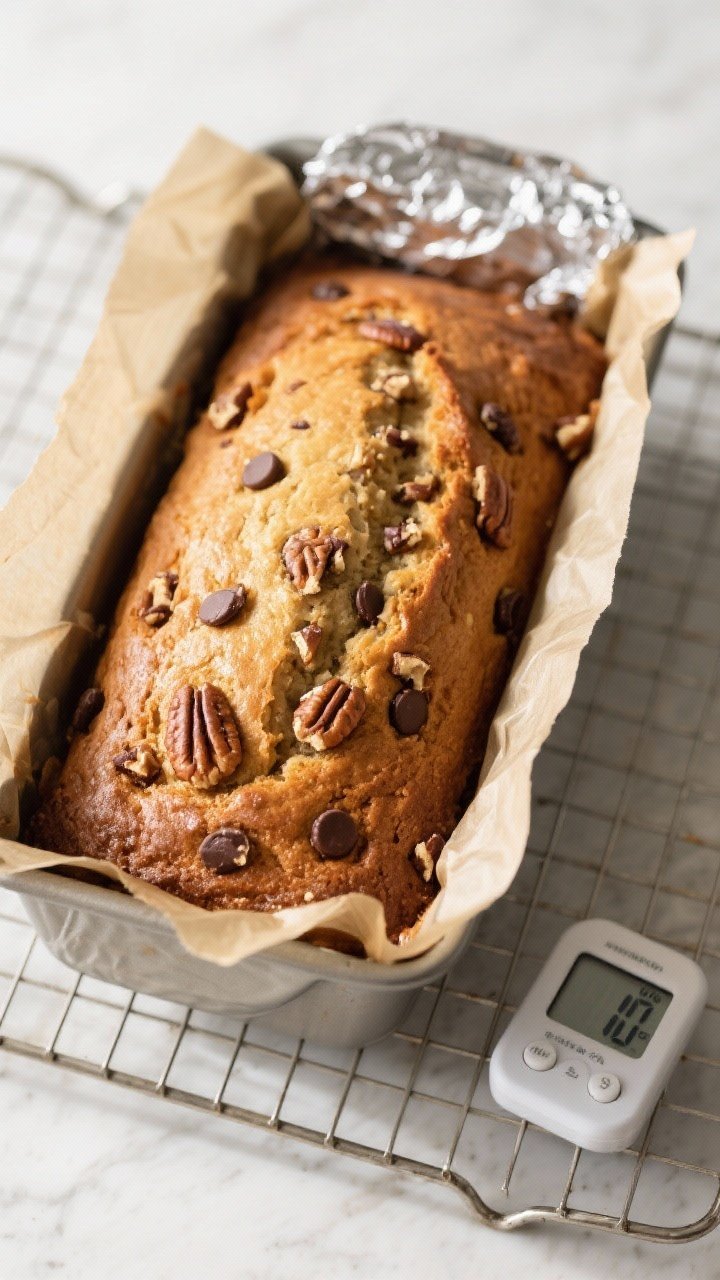 Cooking process shot: Overhead view of the loaf just out of the oven in a parchment-lined 9x5 pan, t