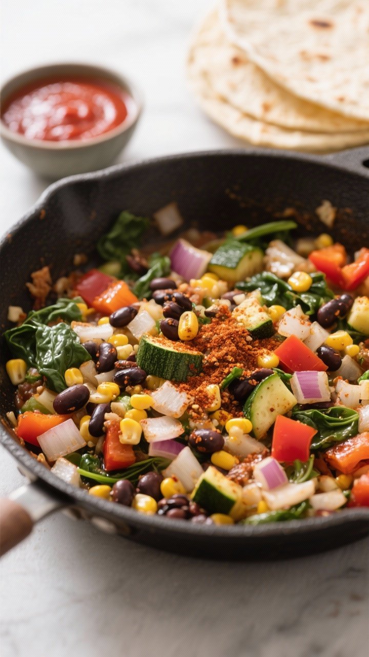 Cooking process shot: Sautéed veggie-bean filling in a wide skillet mid-cook, showing softened dice