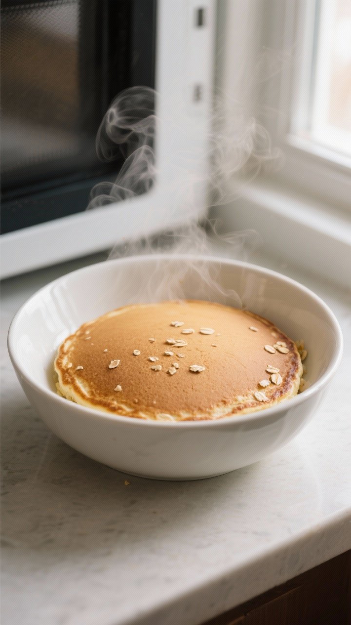 Cooking process, side angle close-up: A wide, shallow, white ceramic bowl in a microwave just after