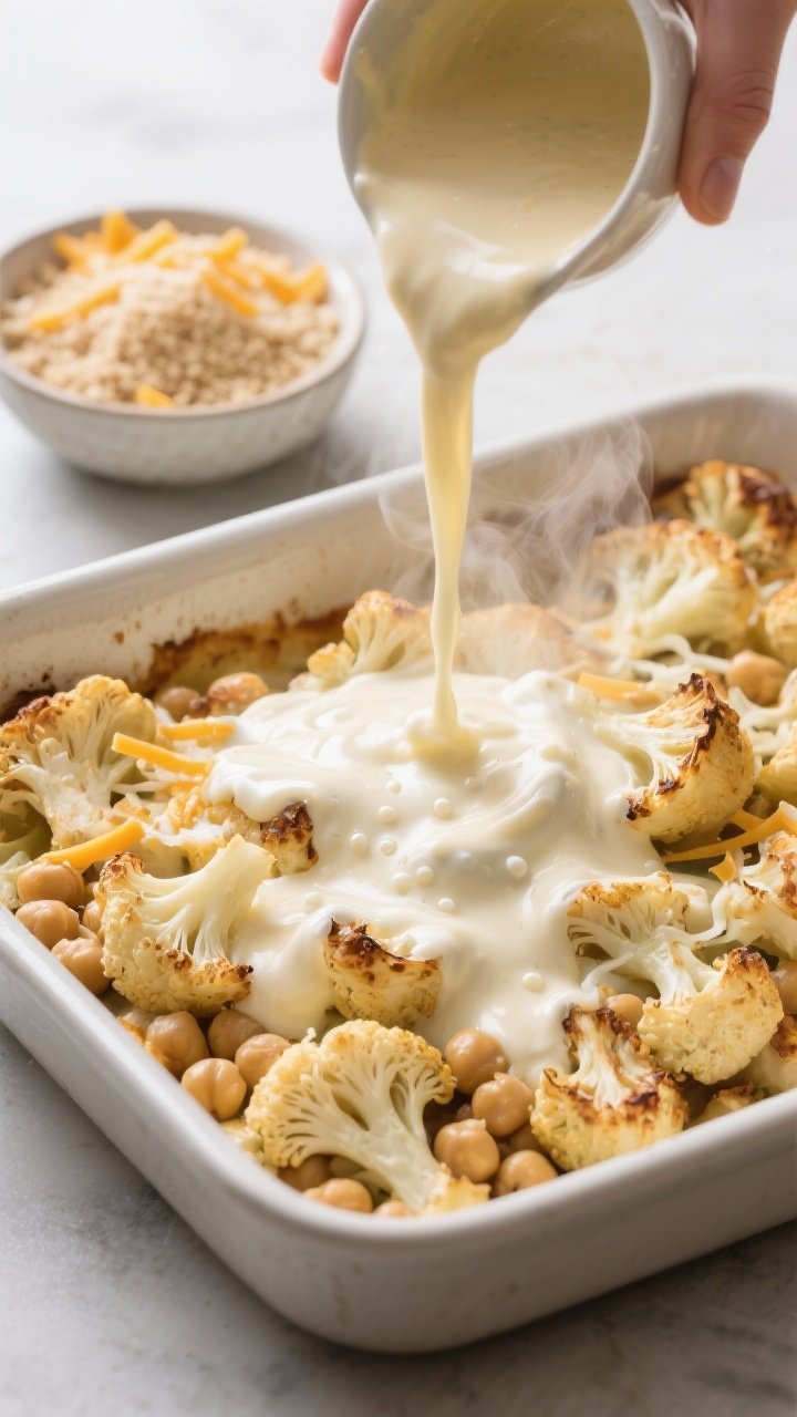 Cooking process: Silky cheese sauce being poured over the roasted cauliflower and chickpeas in a 9x1