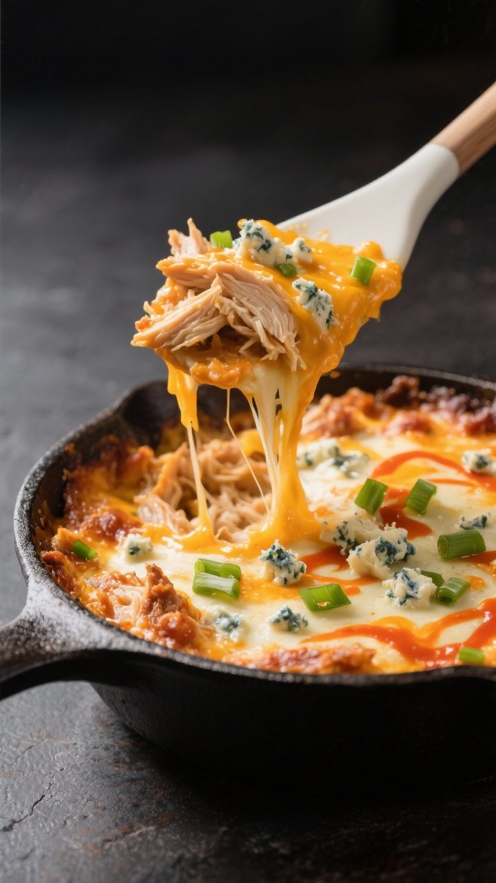 Cooking process, skillet style: Buffalo chicken dip in a small cast-iron skillet just out of the ove