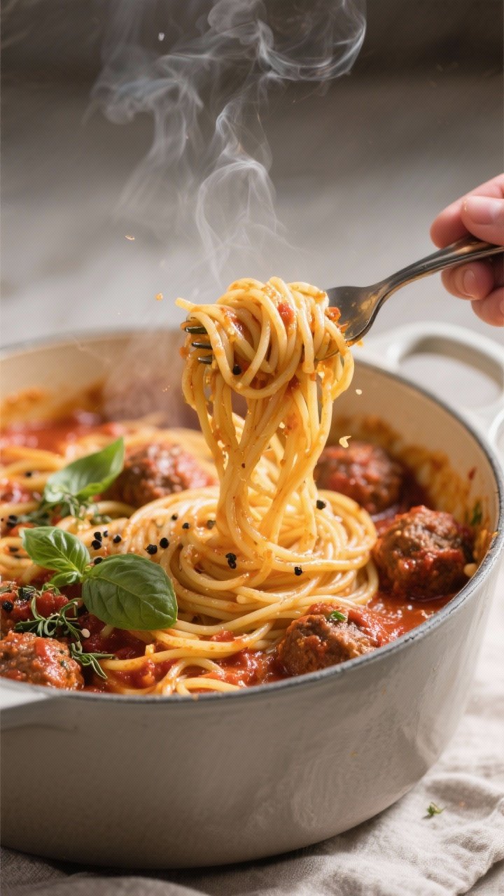 Cooking process: Spaghetti being finished in the sauce—tongs lifting glossy strands from a Dutch o