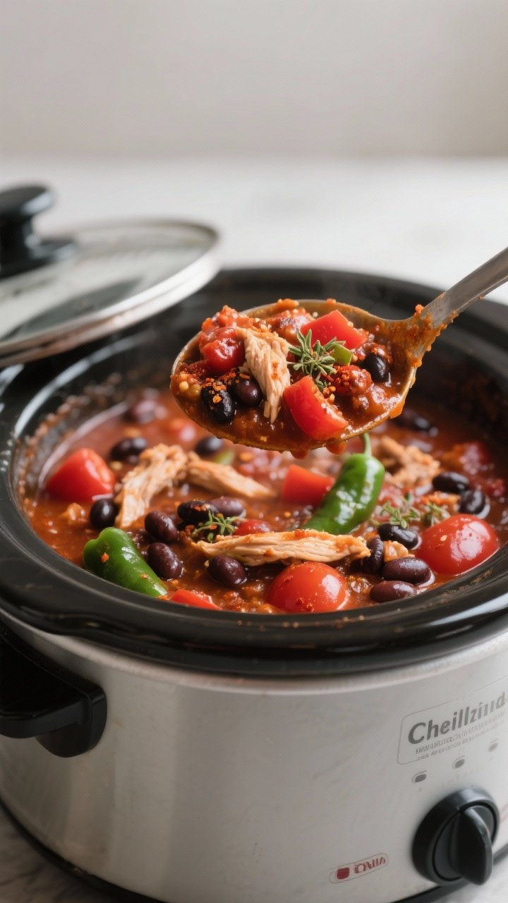 Cooking process: The chili finishing in the slow cooker with the lid slightly ajar for reducing; a l