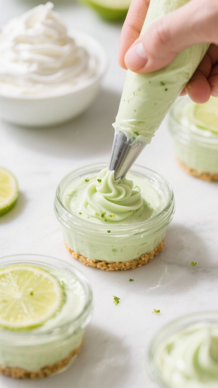 Cooking process: The silky key lime filling being piped over the set crust in clear jars, the nozzle