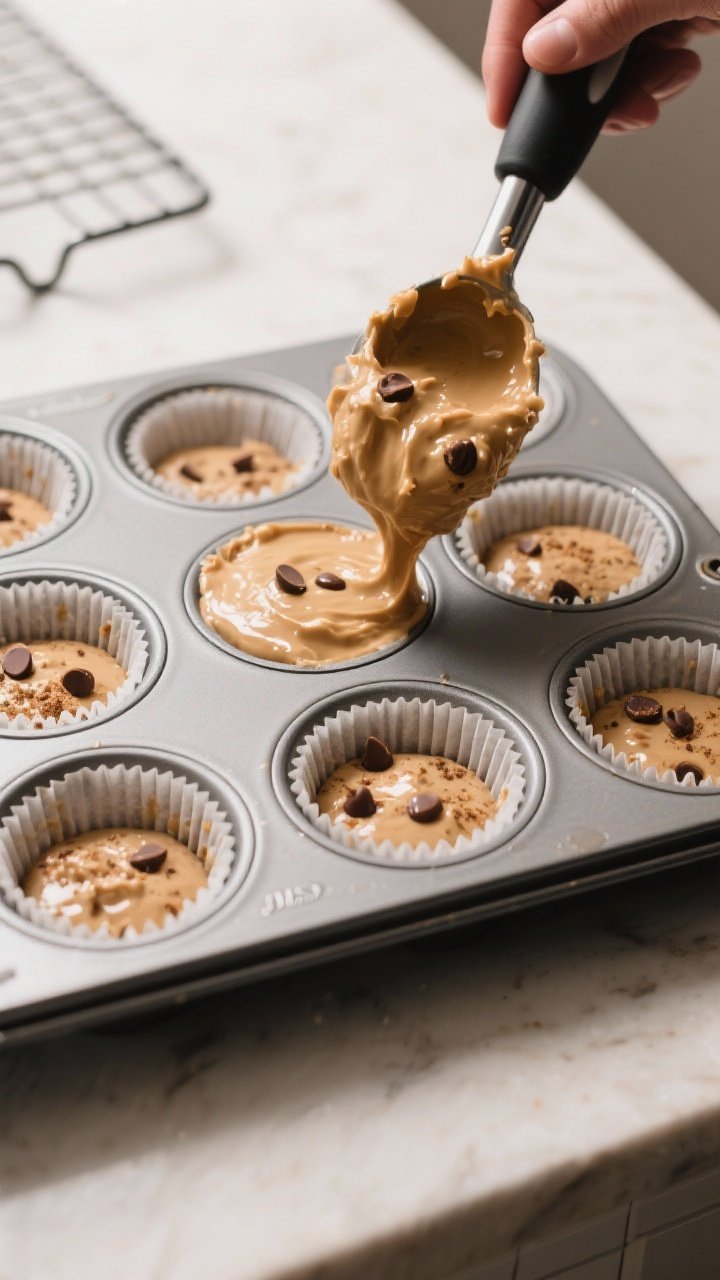 Cooking process: Thick, scoopable muffin batter being portioned into a lined 12-cup muffin tin with 