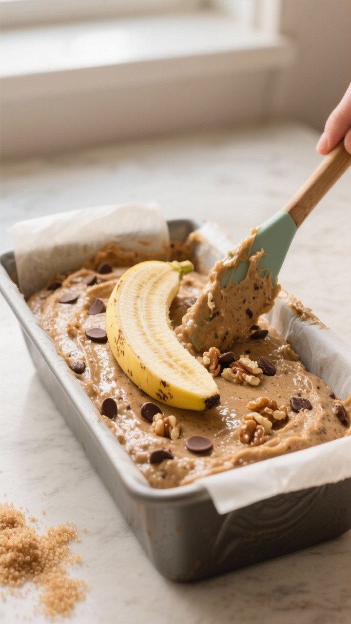 Cooking process: Thick, scoopable sourdough-discard banana bread batter being gently folded with a s