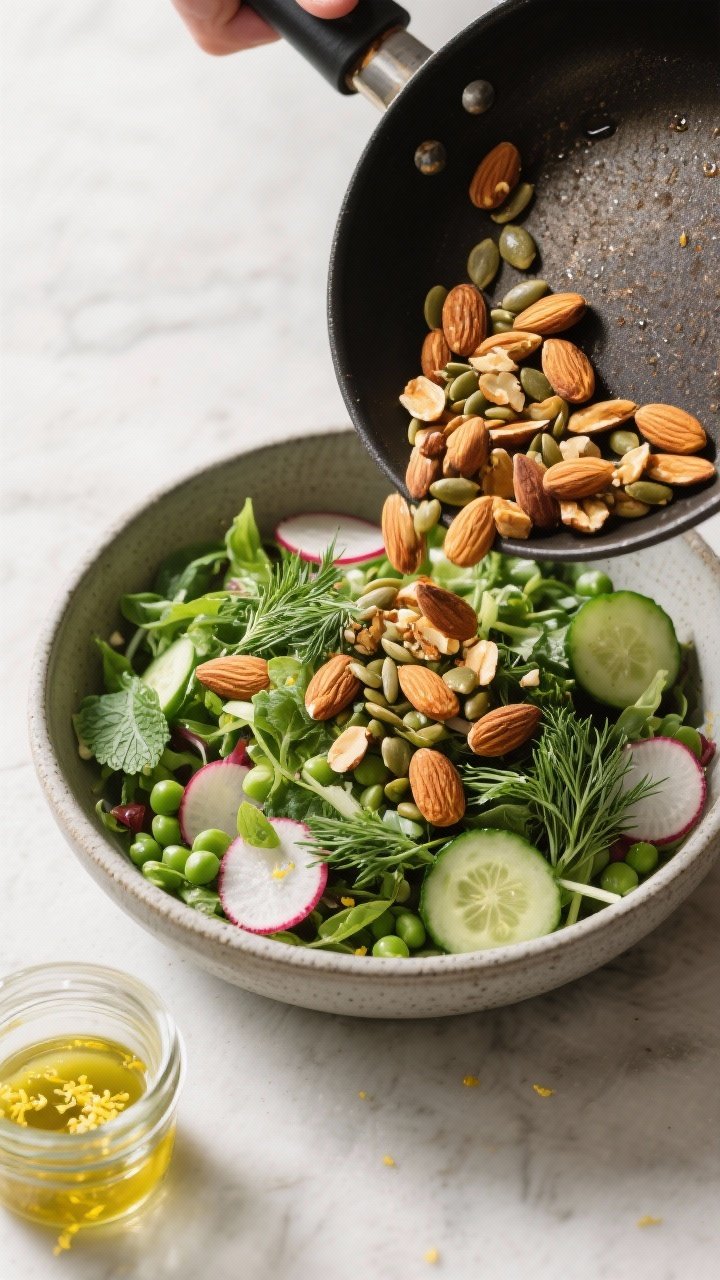 Cooking process: Toasted nuts step—warm, golden-brown almonds and pumpkin seeds just off the skill