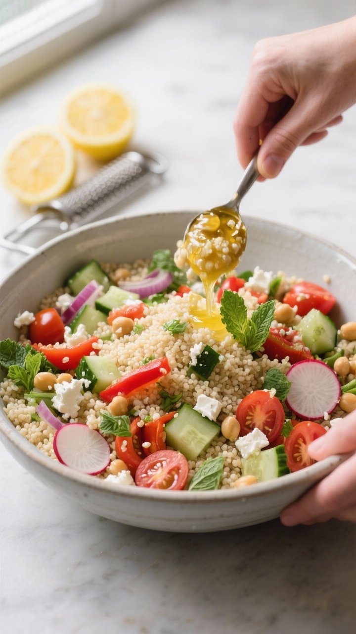 Cooking process: Tossing the prepared couscous salad in a large mixing bowl—couscous folded togeth