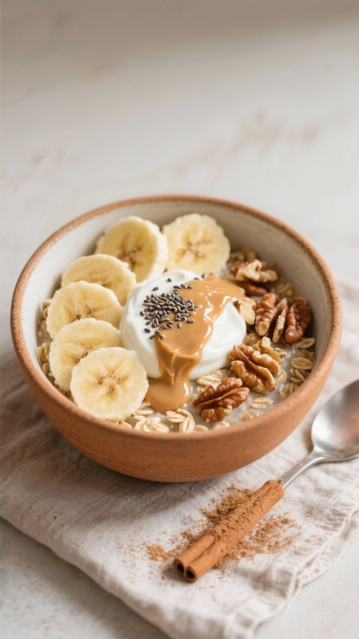 Final bowl presentation, cozy cafe style: High-Protein Banana Bread Oat Bowl served in a warm-toned
