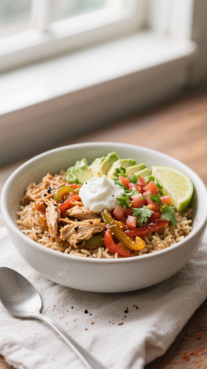 Final dish, plated bowl: Beautifully plated Healthy Slow Cooker Chicken Fajita Bowl over fluffy brow