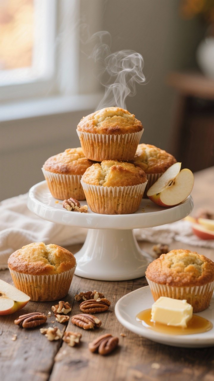 Final dish presentation: A rustic brunch scene featuring a stack of golden-brown apple cinnamon muff