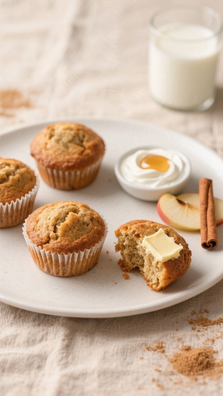 Final dish presentation: Beautifully plated Apple Cinnamon Greek Yogurt muffins for breakfast—thre