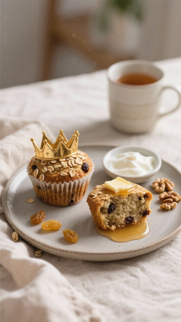 Final dish presentation: Beautifully plated breakfast scene with two oatmeal raisin fiber muffins on