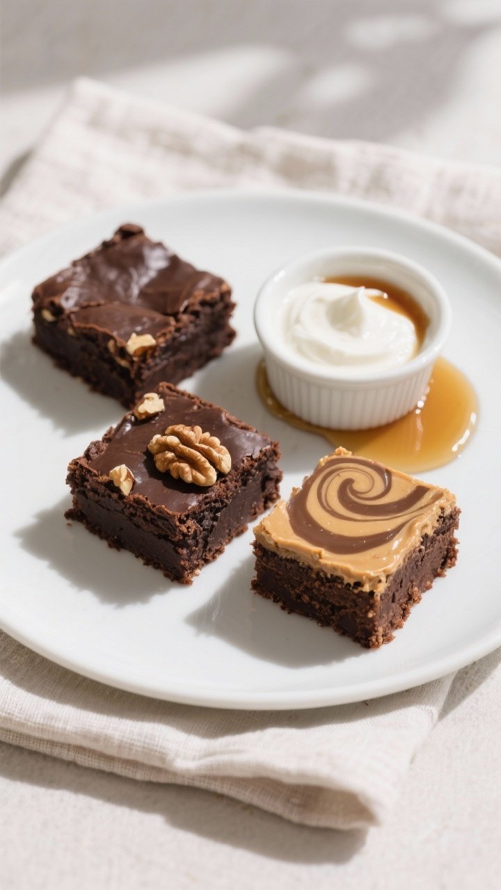 Final dish presentation: Beautifully plated brownie trio featuring one plain, one with chopped walnu