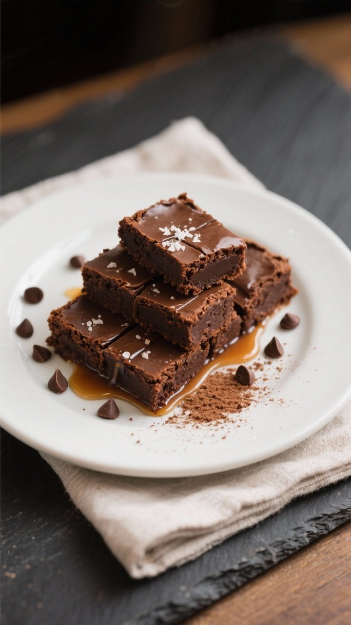 Final dish presentation: Beautifully plated brownie squares sliced cleanly (knife marks wiped betwee