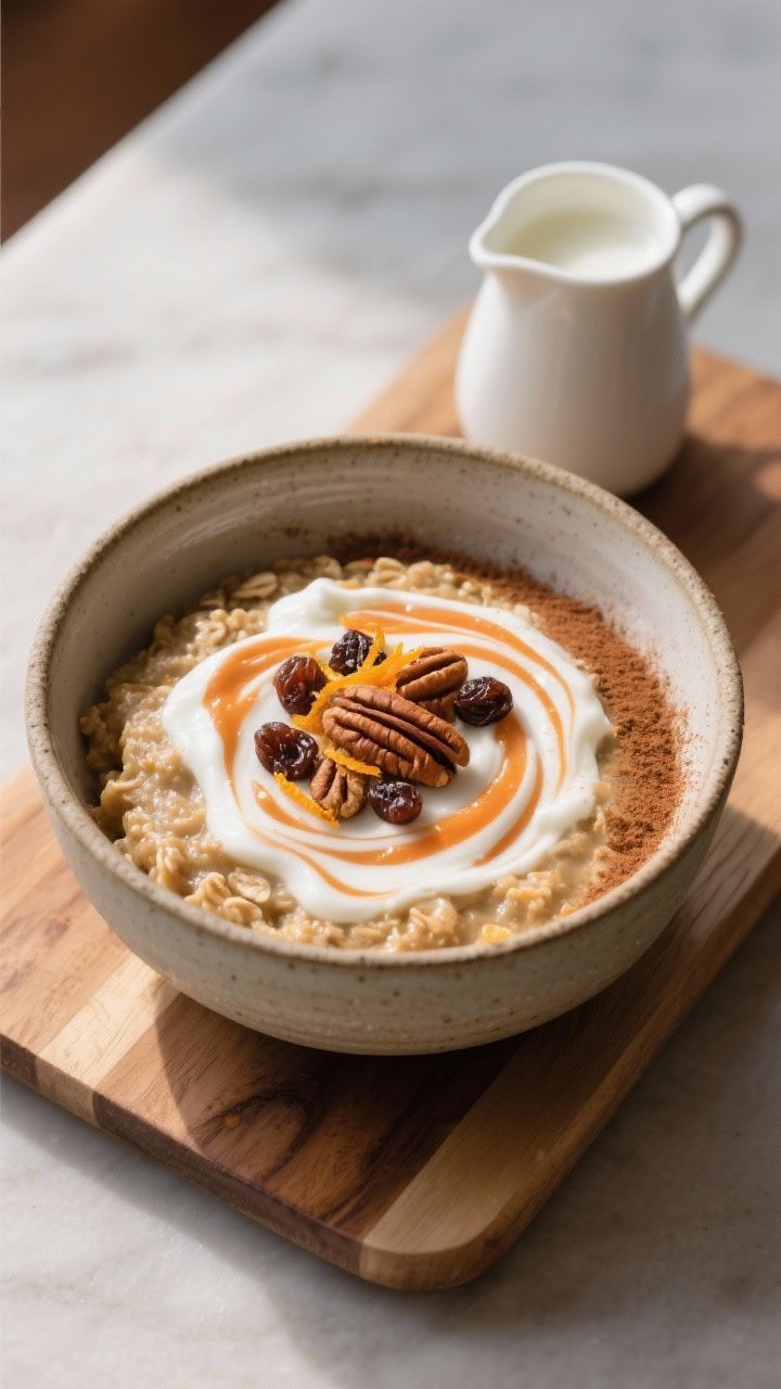 Final dish presentation: Beautifully plated carrot cake oat bowl with extra creaminess—yogurt swir