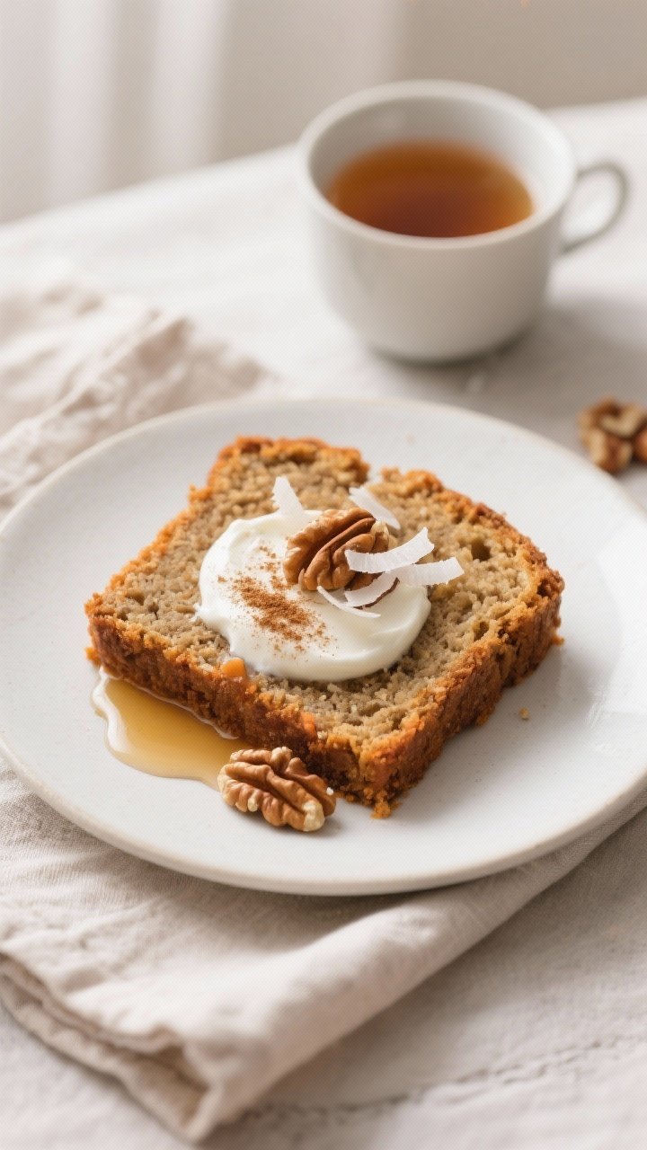 Final dish presentation: Beautifully plated slice of gluten-free carrot cake loaf served on a matte 