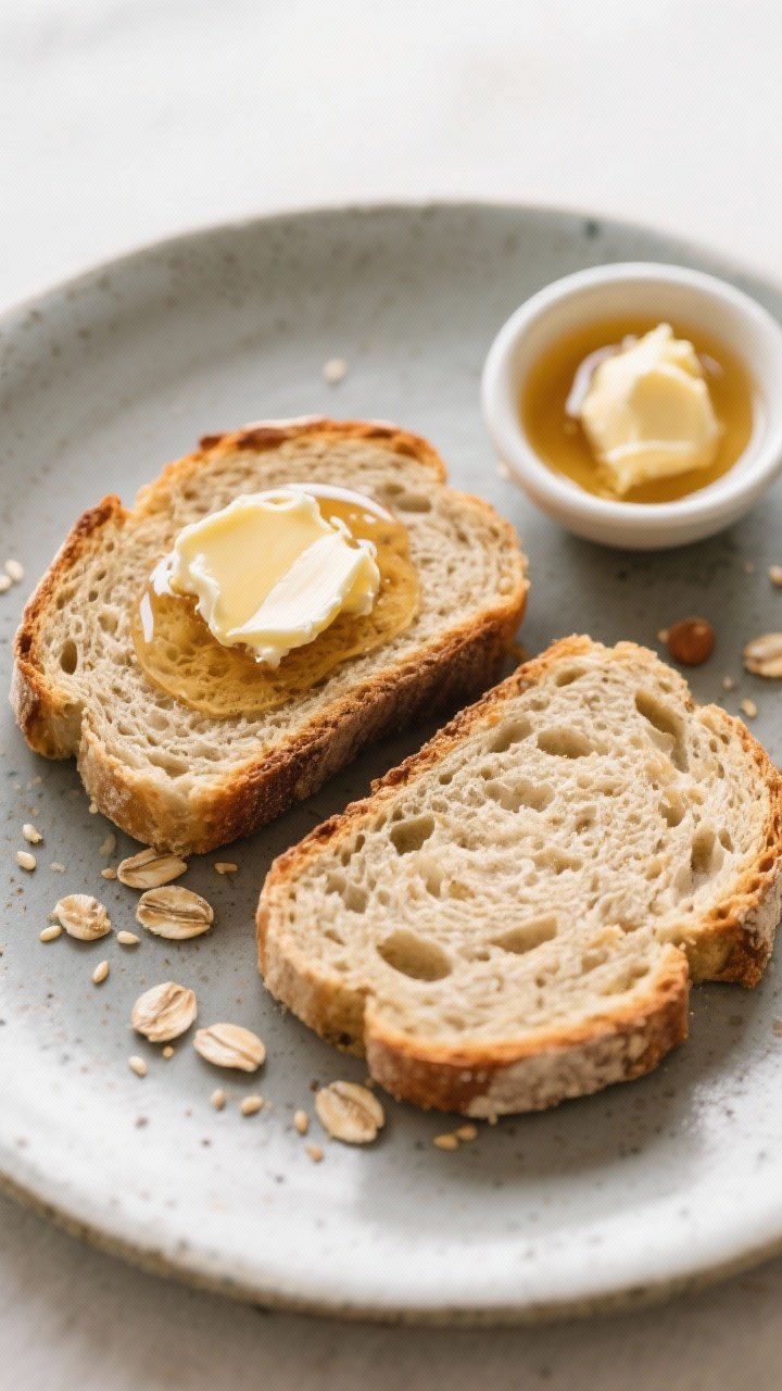 Final dish presentation: Beautifully plated slices of the gluten-free bread arranged on a matte ston